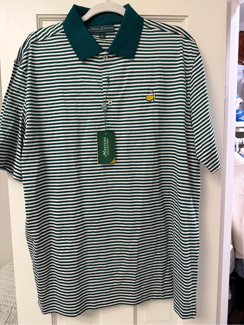 Masters Green and White Striped Polo with Contrast Collar
